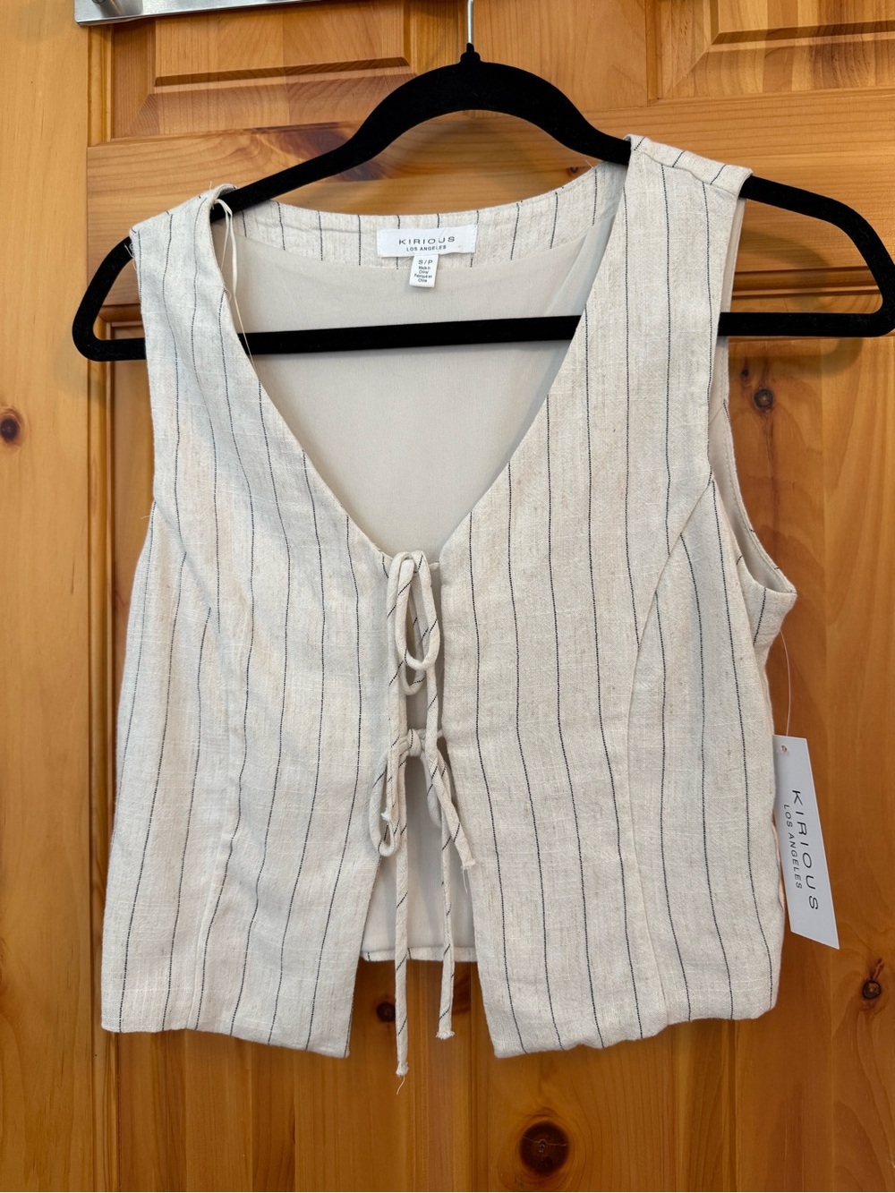 iris Cream Pinstripe Tie-Front Crop Top